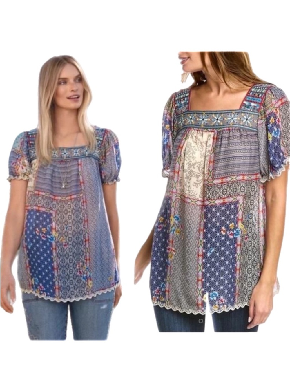 Johnny Was Patchwork Milkmaid Blouse Top Small Kichica Padme Embroidered Hippie